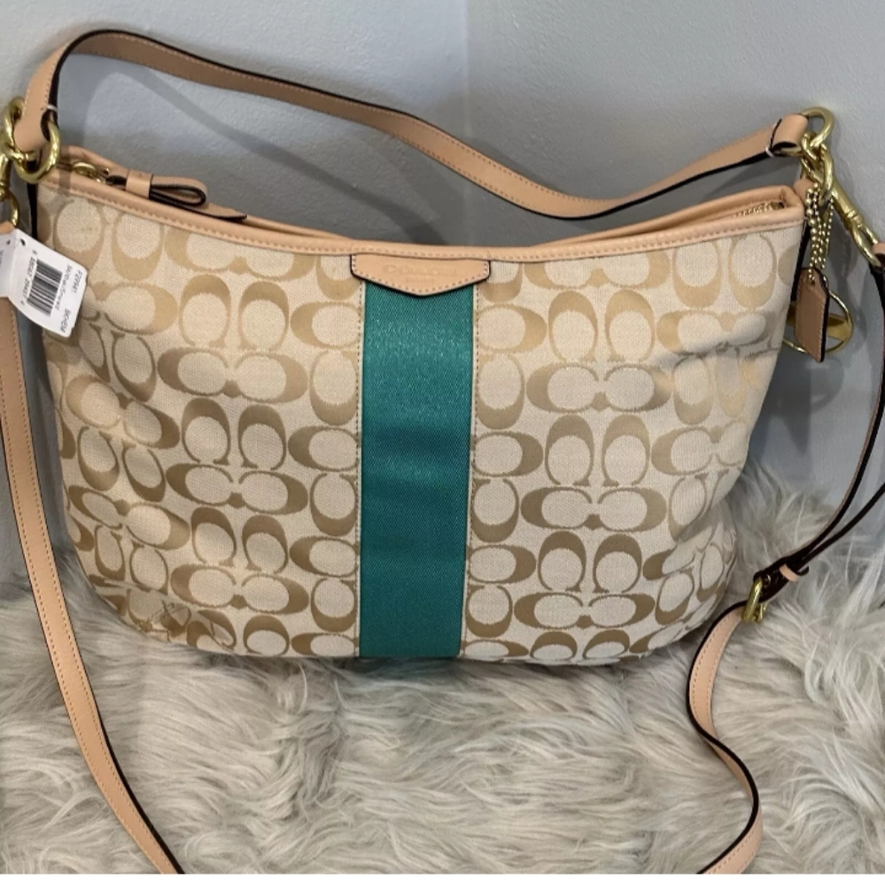 Coach Signature C Stripe Tote Shoulder Bag in Khaki & Emerald Green. New w/ Tags